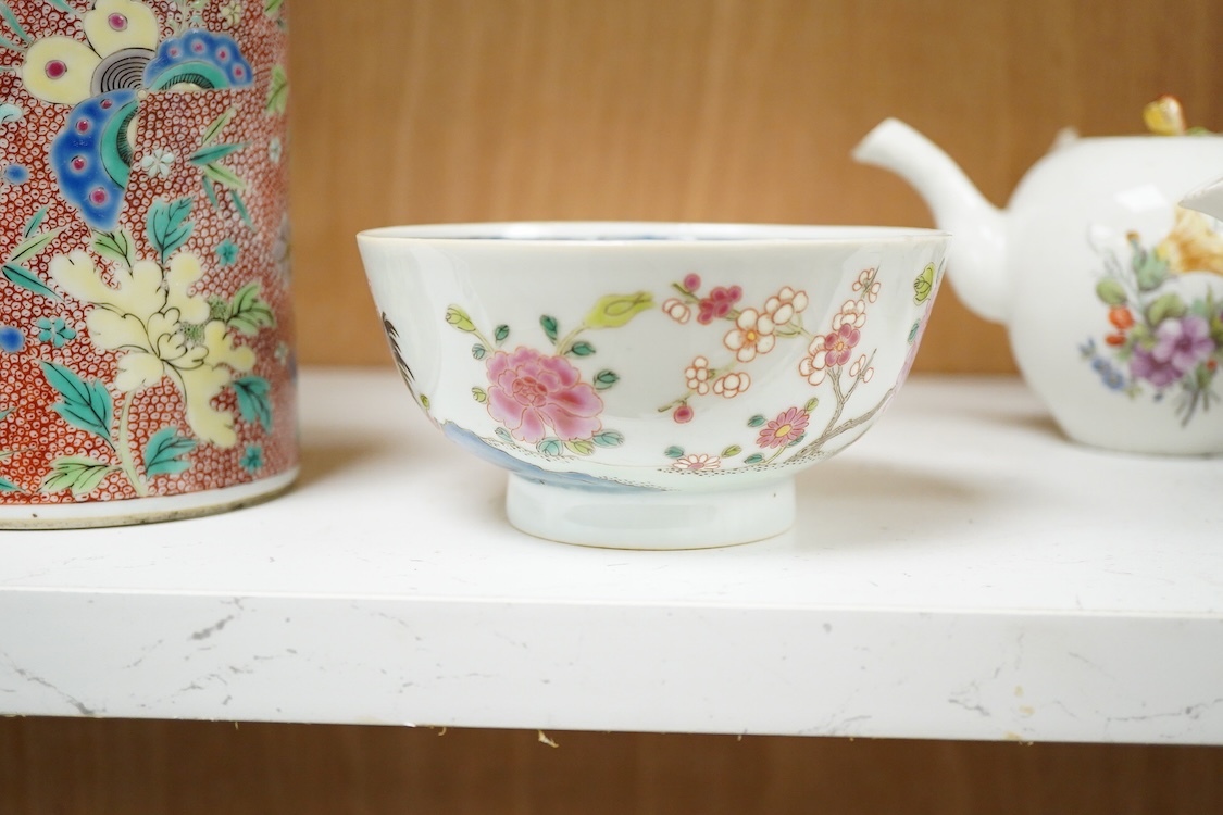 A Chinese famille rose bowl enamelled with a chicken amongst flowers, 12.5cm in diameter
